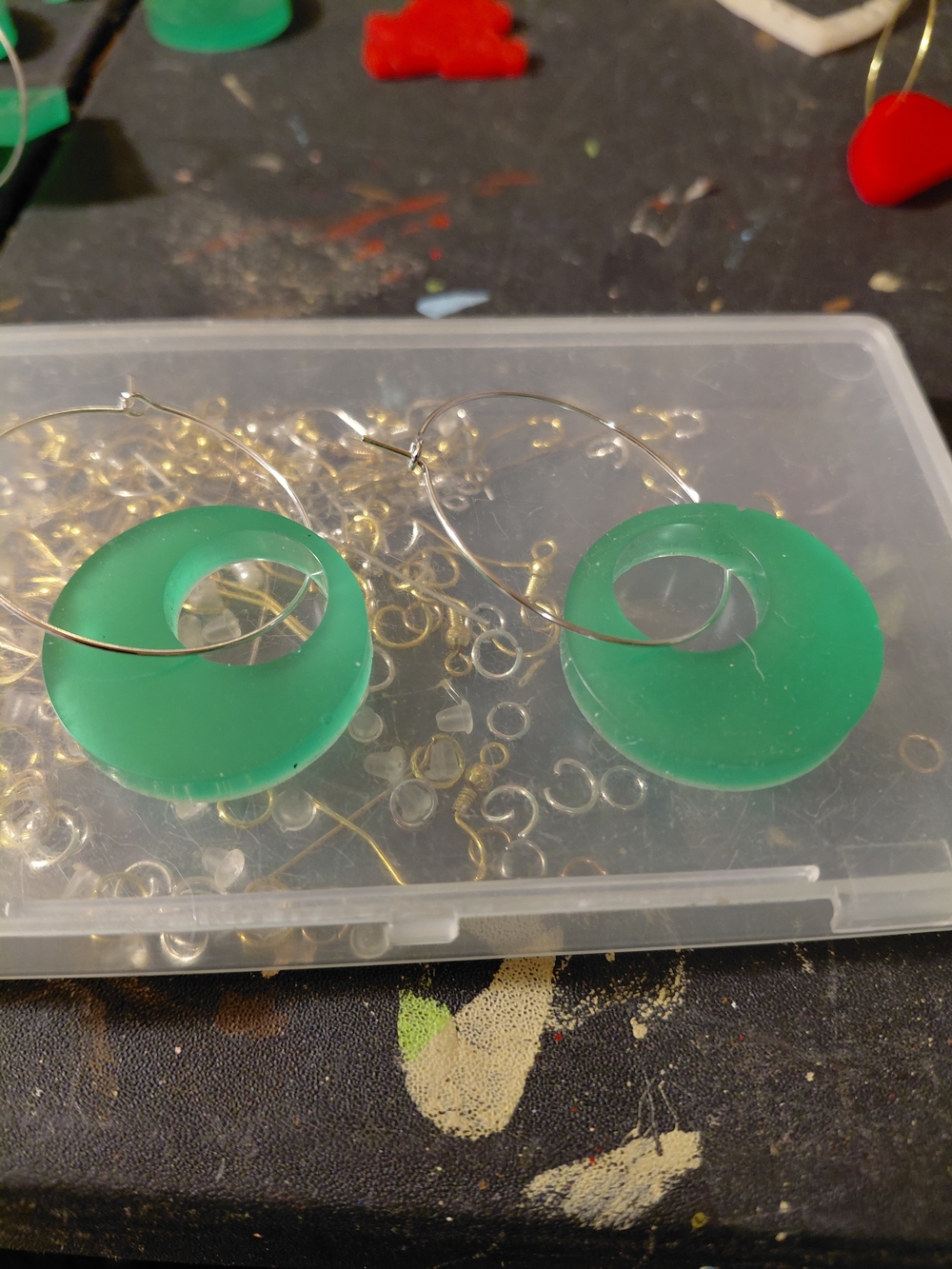 Green Circular Hoop Drop Earrings with Silver Hoops
